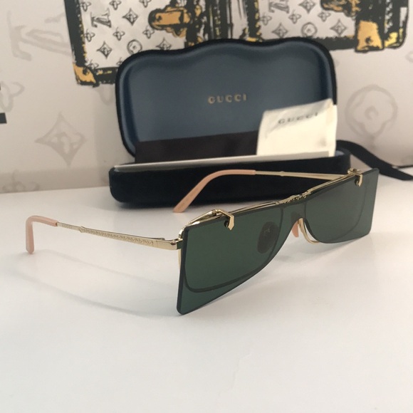 New Authentic Gucci GG0363S 001 Gold Flip-Up Rectangular Sunglasses Green Lenses main image 11